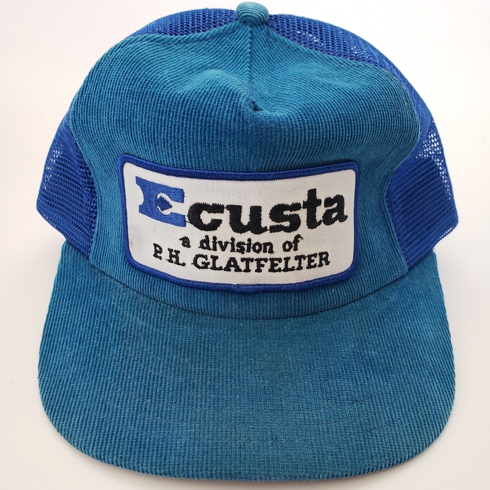 VINTAGE Retro 80s Blue Corduroy Spellout Snap Back Trucker Hat, Mesh Cap unisex